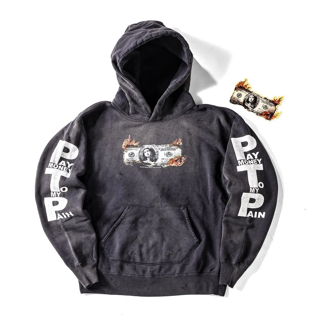 SAINT Mxxxxxx × PAY MONEY TO MY PAIN PTP_HOODIE/BRAND MONEY/BLK Co-branded PTP Virgin Mary dollar hoodie Washed black S-XL Assute dyeing The whole piece is sprayed with horse fade Mold customization joint main mark/washed mark Factory four-needle and six-thread workmanship No bone seams More comfortable to wear Repeated modification of proofing Authentic grade crack printing VINTAGE value is full